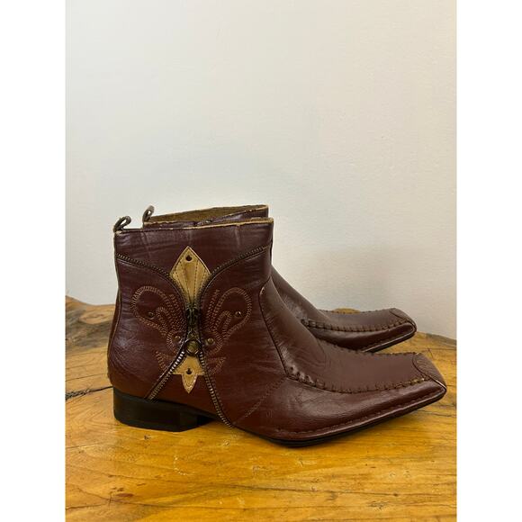 Delli Aldo Other - Delli Aldo Square Toe Size 8 Cognac Brown Zip Embroidered Country Boots